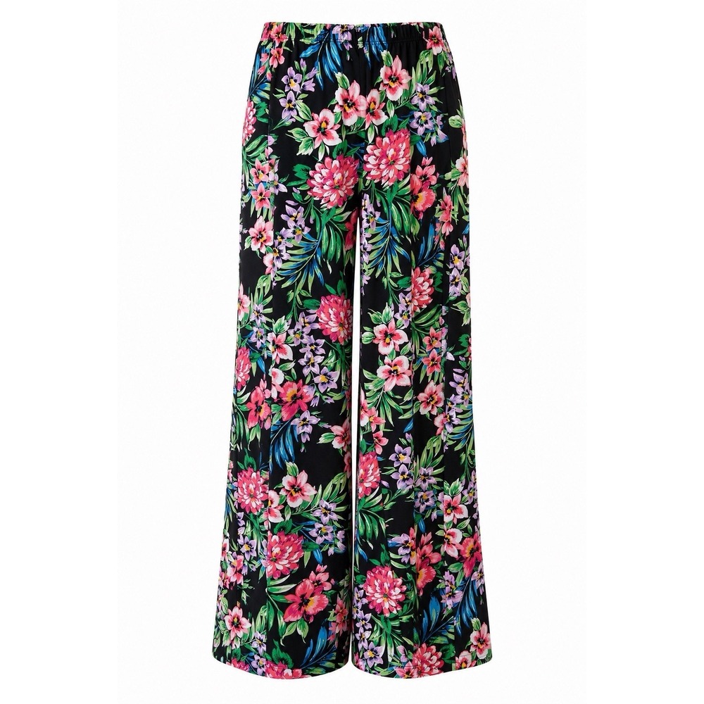 Slinky Brand Floral Wide Leg‎ Pants Black Tropical Print XL Elastic Waist